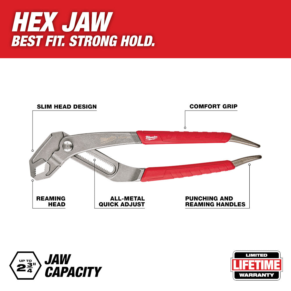 Milwaukee 12-inch hex-jaw pliers with slim head design, red comfort grip handles, and adjustable jaw mechanism.