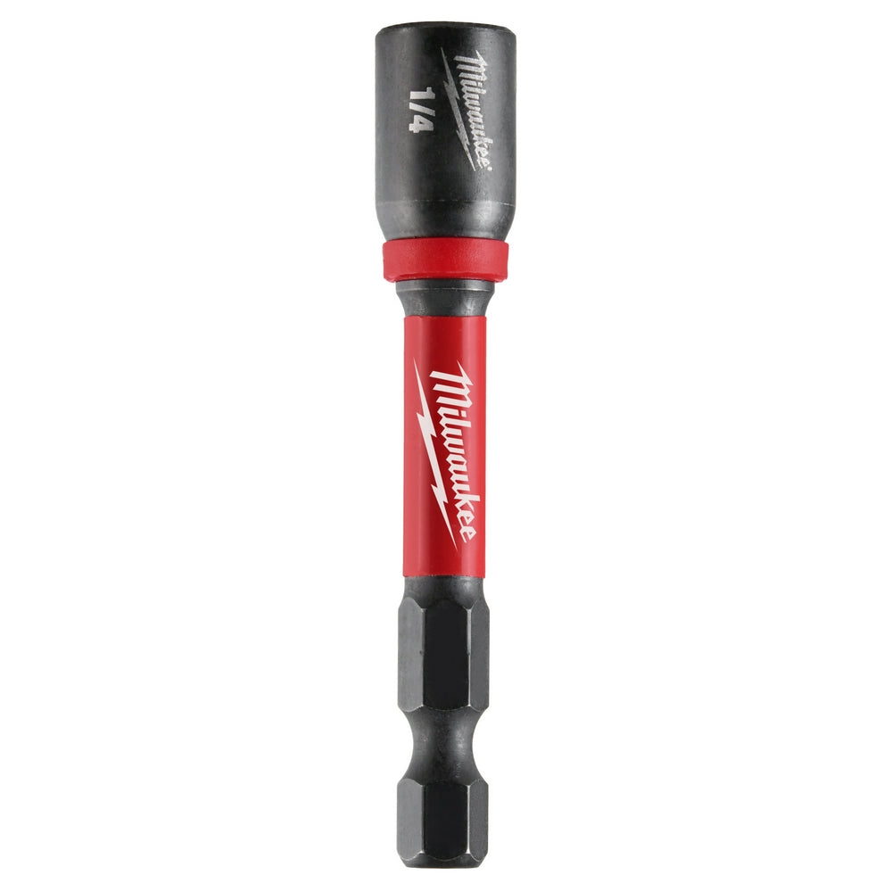 Milwaukee Shockwave magnetic nut driver with 1/4" hex drive, red and black body, approximately 2-9/16" length.