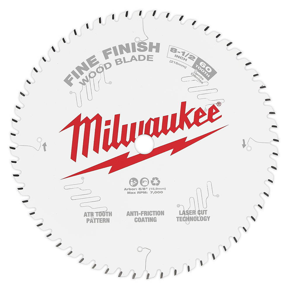 Milwaukee 8-1/2 inch circular saw blade with 60 teeth, white face with red Milwaukee logo and fine finish wood blade text.