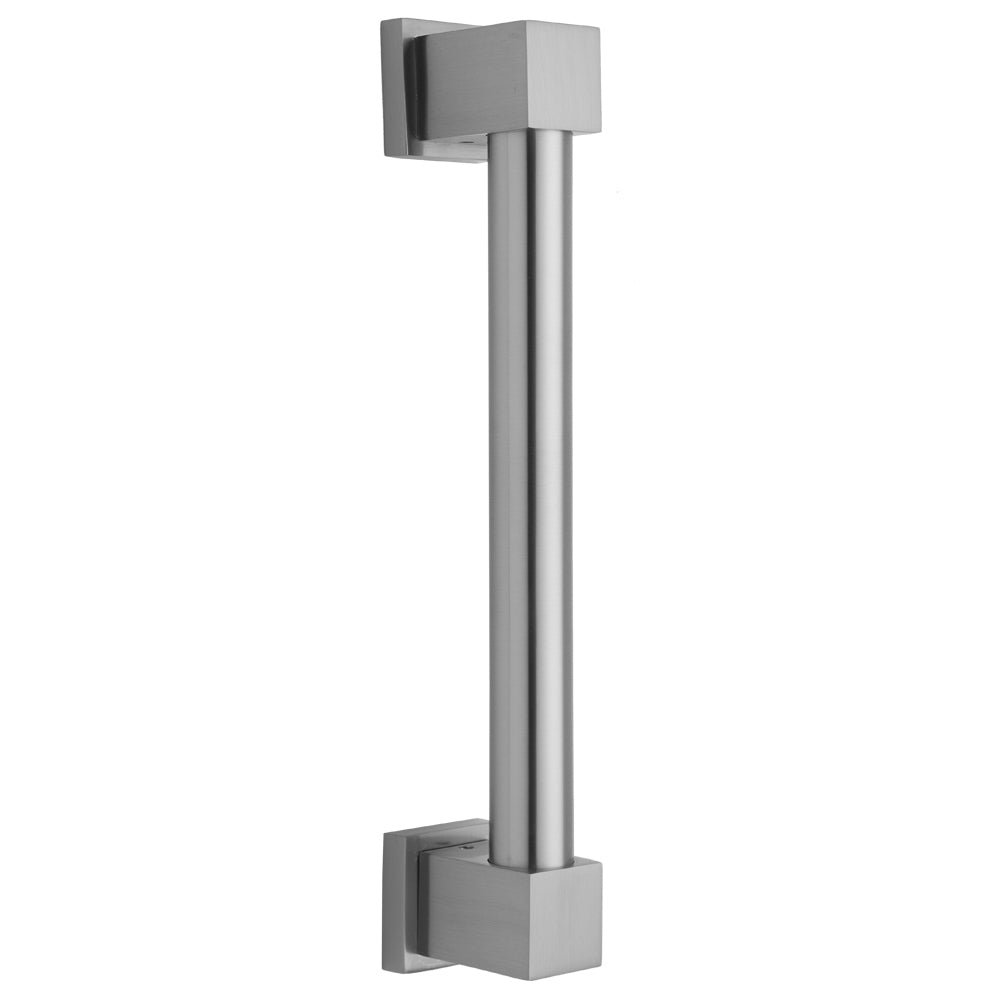 Polished chrome straight grab bar with square mounting plates at top and bottom.