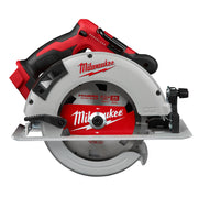 Milwaukee M18 brushless circular saw with red and black housing, white base plate, and framing blade.