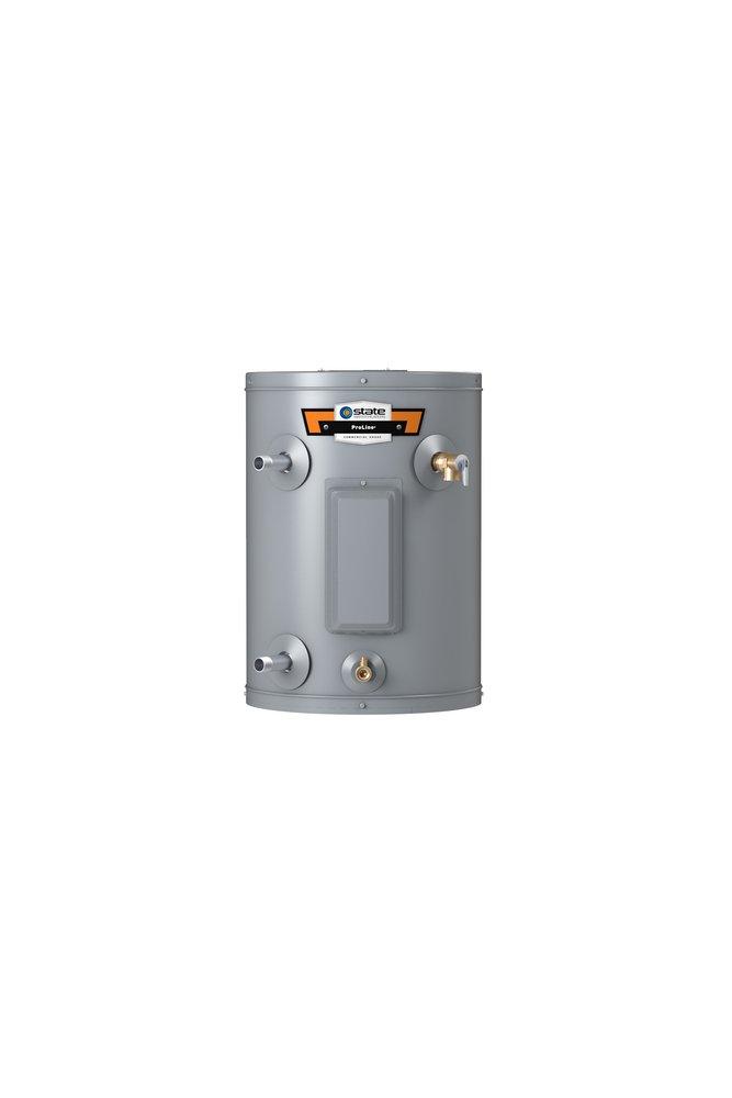 Compact gray electric water heater with orange and black State ProLine branding, four connection ports, and rectangular acces