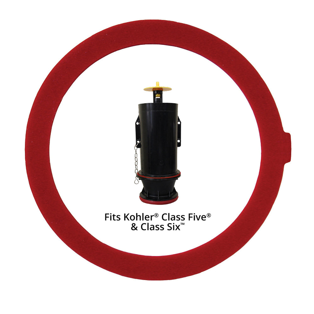 Red rubber flush valve seal ring with black cylindrical valve component and brass adjustment screw.