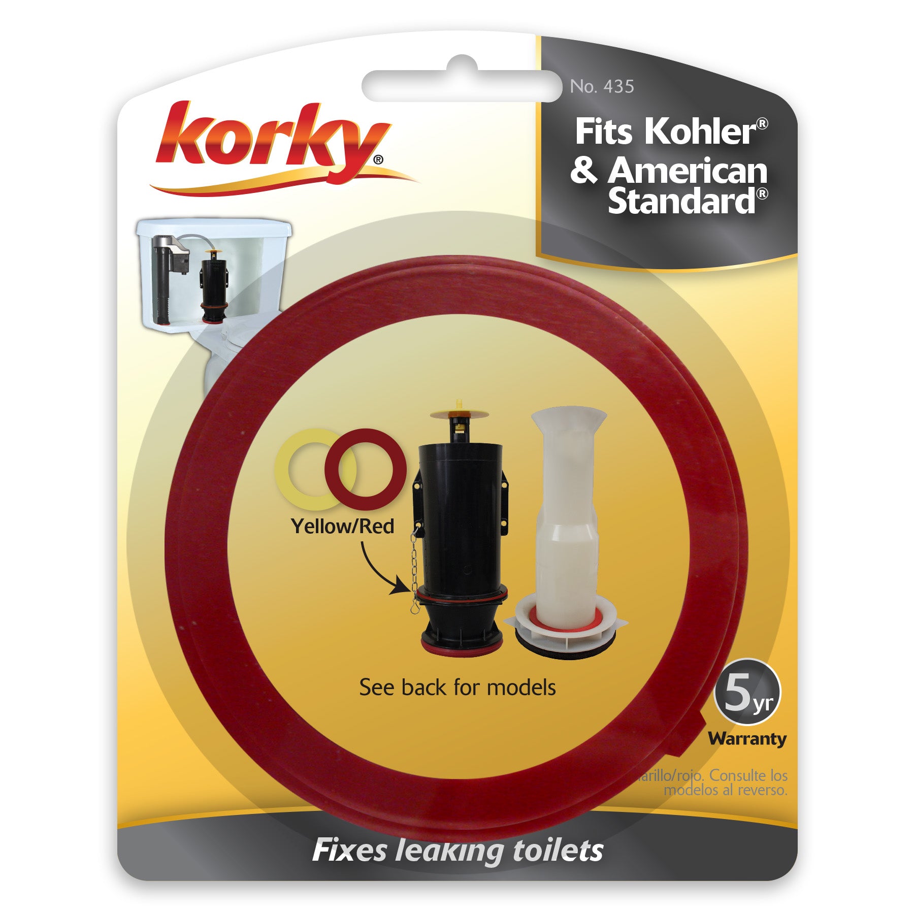 Korky toilet flush valve seal kit in packaging showing black valve component and white rubber seal with yellow and red rubber