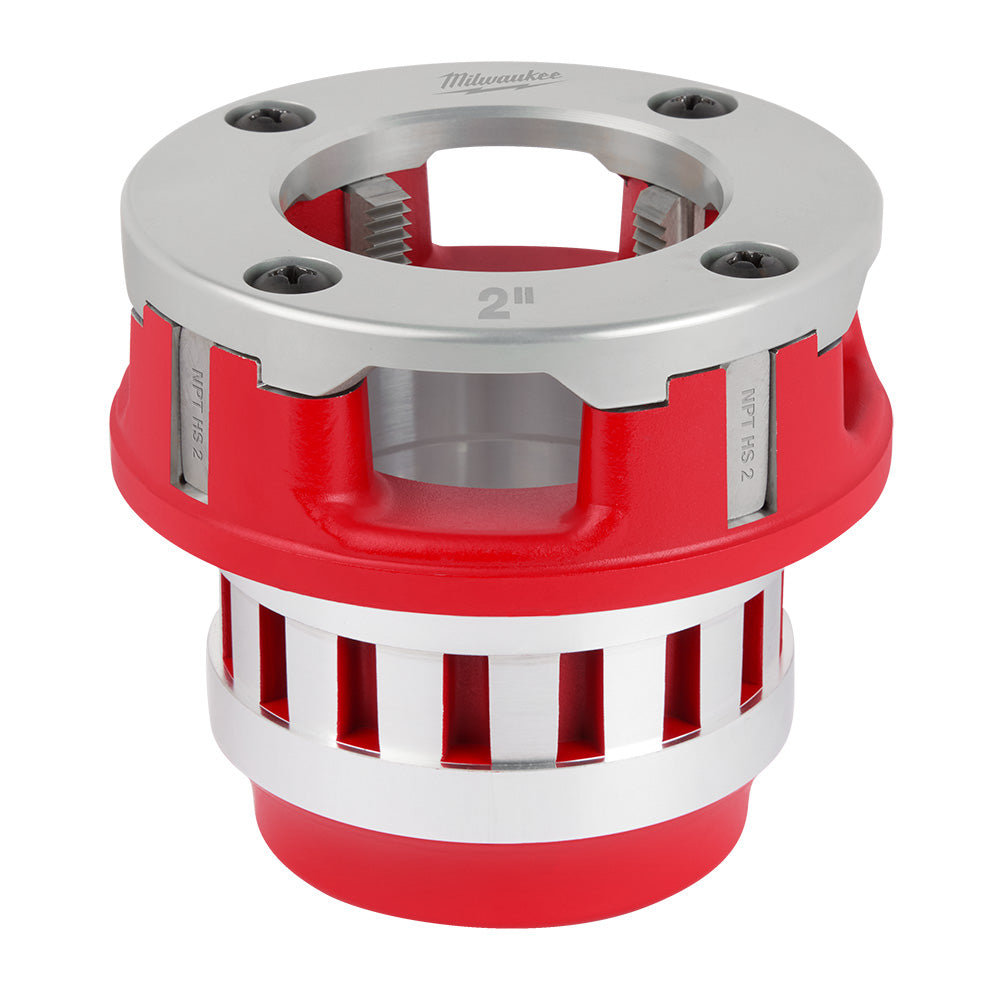 Red and silver 2" NPT pipe threading die head with aluminum housing and internal cutting dies.
