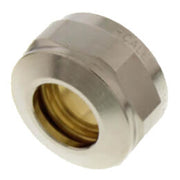 1/2" brass compression fitting with hexagonal nickel-plated nut and threaded brass interior.