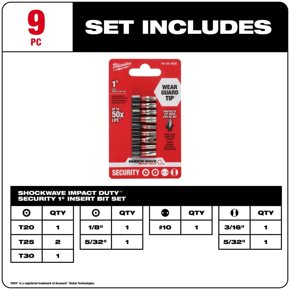 Milwaukee Shockwave 9-piece security insert bit set with Wear Guard tip, including T20, T25, T30, #10, and hex bits on red pa