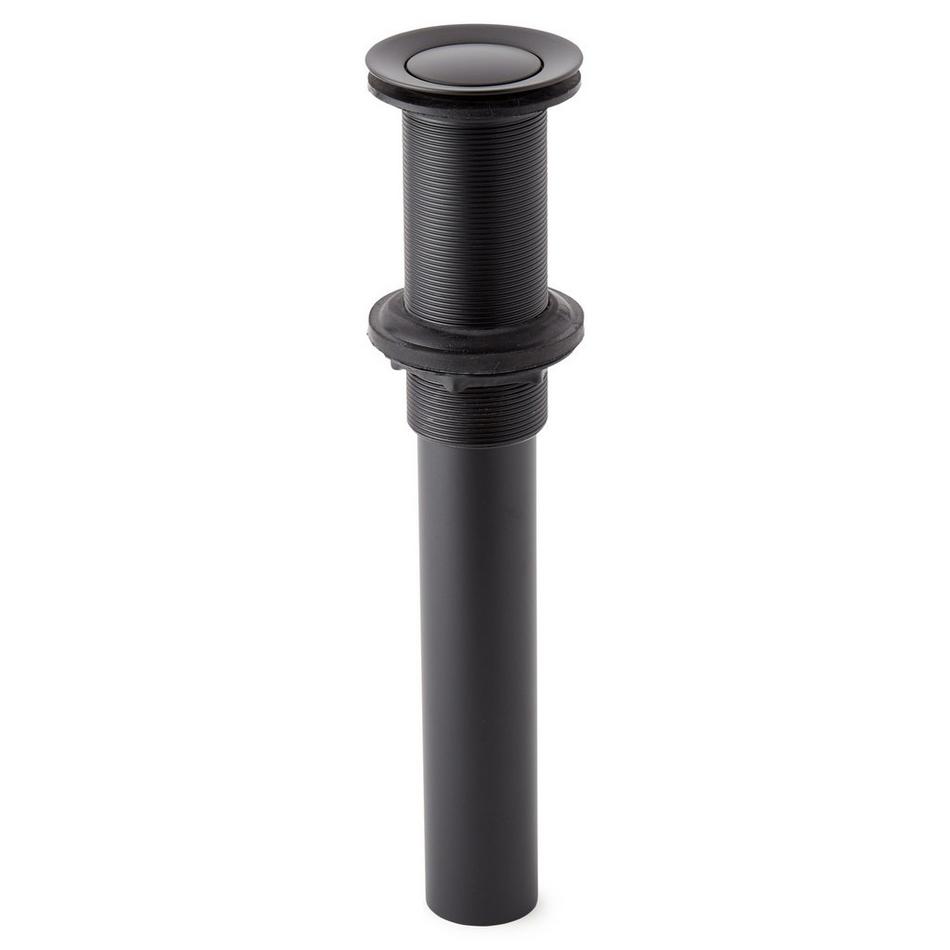Matte black grid lavatory drain with threaded cylindrical body and circular top flange.