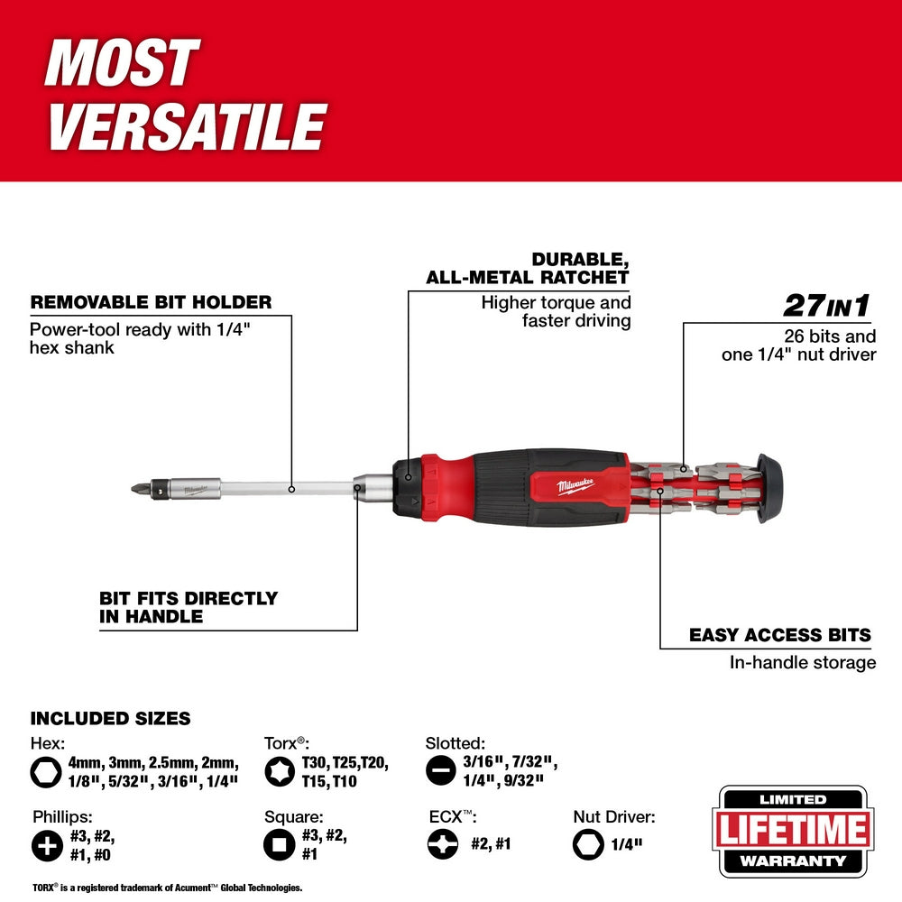 Milwaukee ratcheting screwdriver with red and black handle, removable bit holder, and storage for 26 bits and nut driver.