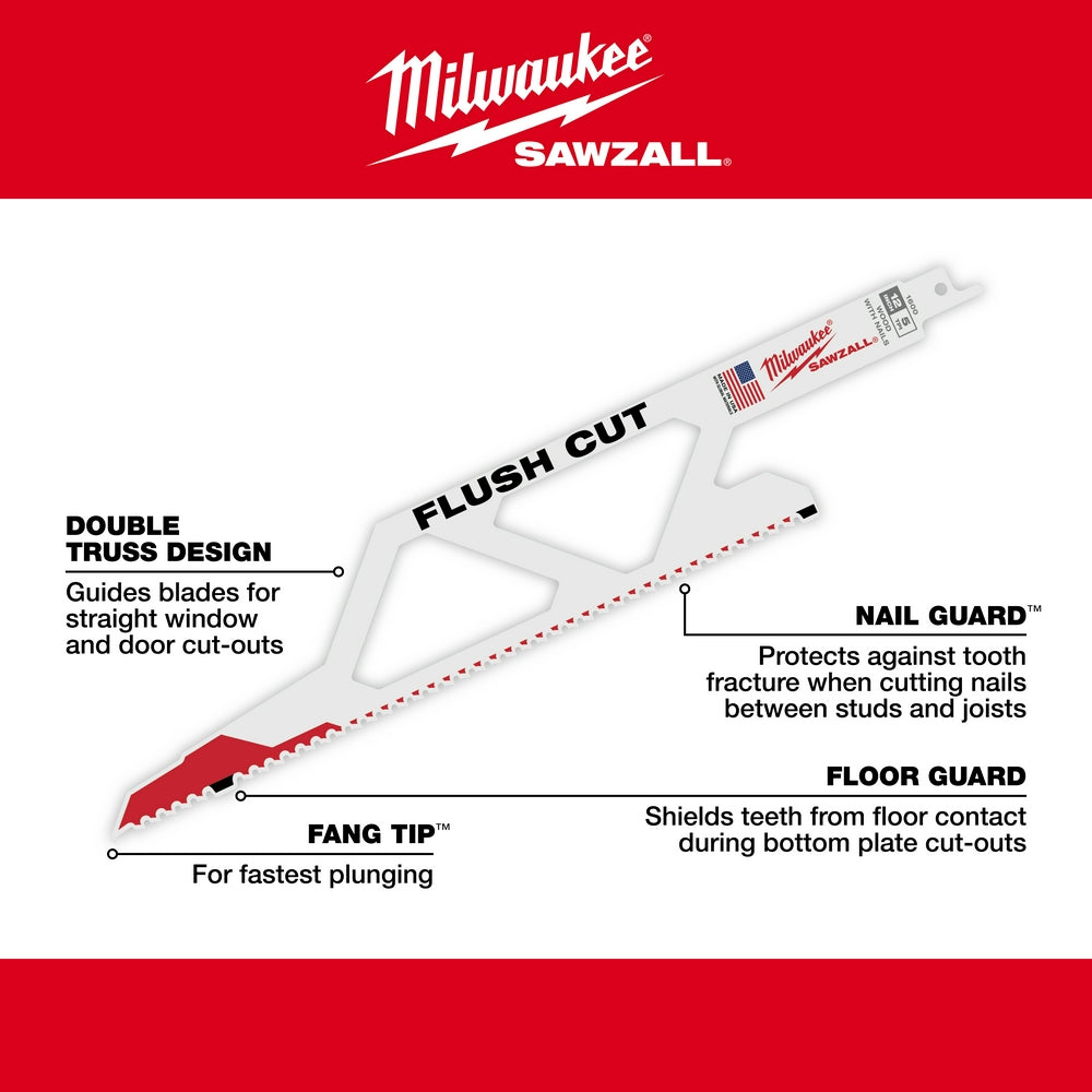 Milwaukee SAWZALL flush cut blade with double truss design, nail guard, floor guard, and fang tip for cutting applications.