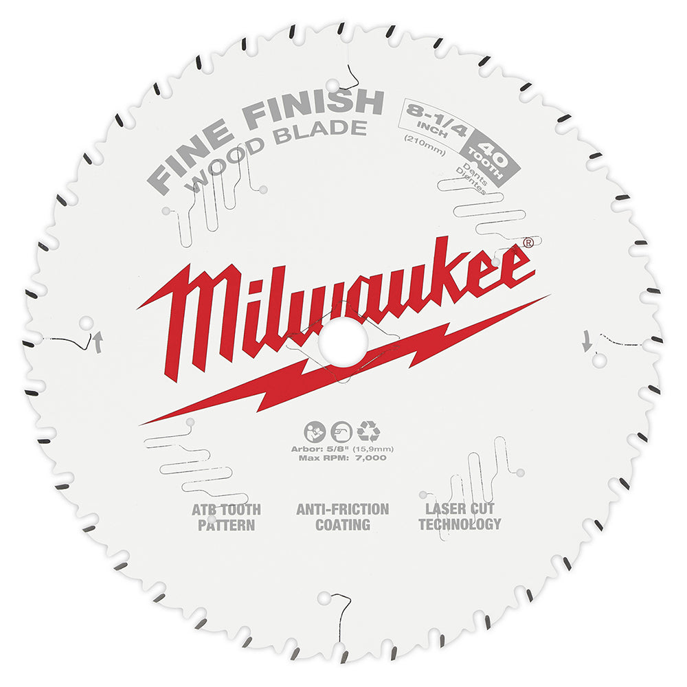 Milwaukee 8-1/4 inch circular saw blade with 40 teeth, white body with red Milwaukee logo and black tooth tips.