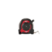 Milwaukee closed reel tape measure with red and black housing, 100 ft capacity, with extended tape visible.