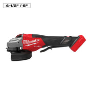 Milwaukee M18 FUEL angle grinder with red and black housing, paddle switch, and grinding disc attached.