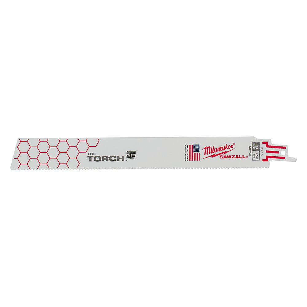 Milwaukee THE TORCH 9-inch reciprocating saw blade with 24 TPI teeth and red hexagonal pattern on white backing.