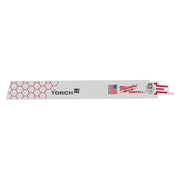 Milwaukee THE TORCH 9-inch reciprocating saw blade with 24 TPI teeth and red hexagonal pattern on white backing.