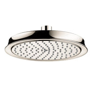 Polished nickel round shower head with multiple spray jets and ceiling mount connector.