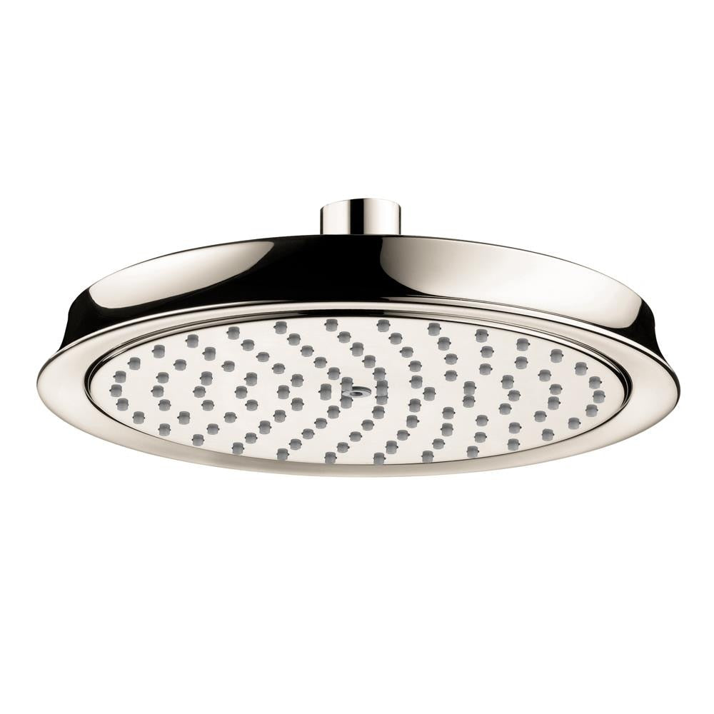 Polished nickel round shower head with multiple spray jets and ceiling mount connector.