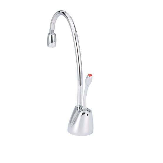 Chrome instant hot water dispenser faucet with curved spout and single lever control on white base.