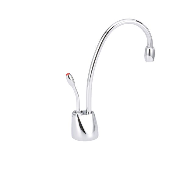 Chrome instant hot water dispenser faucet with curved spout and red-accented handle lever.
