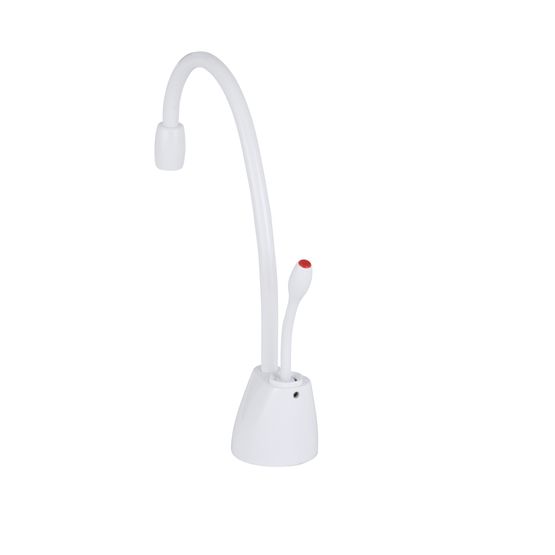 White instant hot water dispenser faucet with curved gooseneck spout and red control lever on base.
