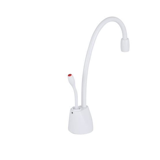 White instant hot water dispenser faucet with curved spout and red safety button on base.
