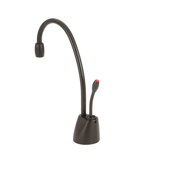 Oil rubbed bronze instant hot water dispenser faucet with curved gooseneck spout and single lever handle.