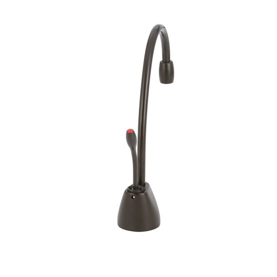 Oil rubbed bronze instant hot water dispenser faucet with curved spout, red trigger handle, and round base.