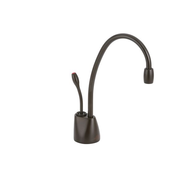 Oil rubbed bronze instant hot water dispenser faucet with curved spout and single handle control.