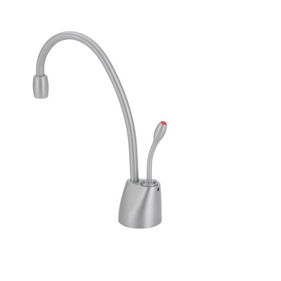 Brushed chrome instant hot water dispenser faucet with curved spout and red indicator button on base.