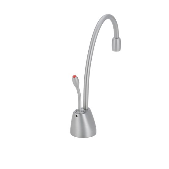 Brushed chrome instant hot water dispenser faucet with curved gooseneck spout and red trigger handle on conical base.
