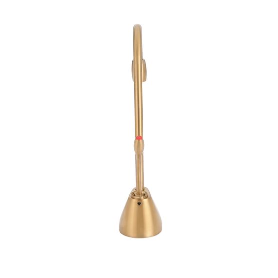 Brushed bronze instant hot water dispenser faucet with tall curved spout and conical base.