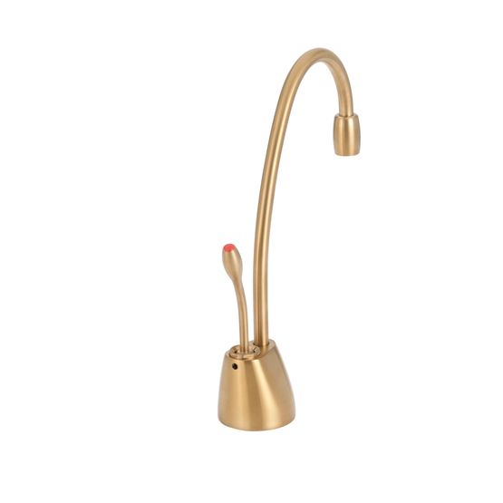 Brushed bronze instant hot water dispenser faucet with curved spout and red control lever on cylindrical base.