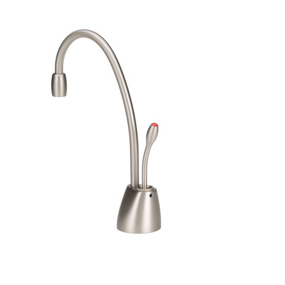 Satin nickel hot water dispenser faucet with curved spout, single lever handle, and cylindrical base.