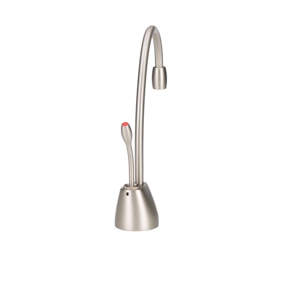 Satin nickel instant hot water dispenser faucet with curved spout, red activation button, and cone-shaped base.