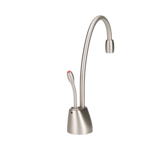 Satin nickel instant hot water dispenser faucet with curved spout and red trigger handle on conical base.