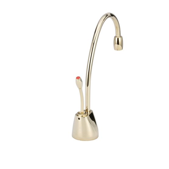 French gold instant hot water dispenser faucet with gooseneck spout and red control button on base.