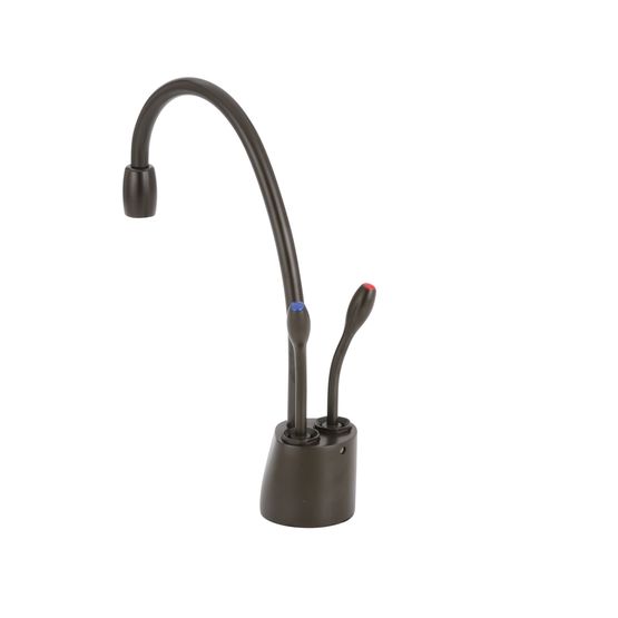 Oil rubbed bronze instant hot and cold water faucet with curved gooseneck spout and dual lever handles.