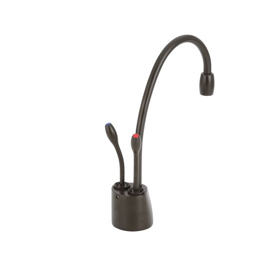 Oil rubbed bronze instant hot and cold water faucet with curved spout and dual control handles.