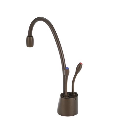 Mocha bronze instant hot and cold faucet with curved spout and dual lever handles on cylindrical base.