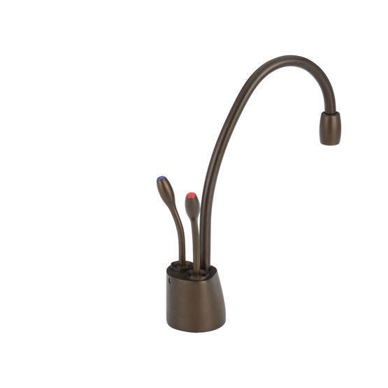 Mocha bronze instant hot and cold water faucet with curved spout and dual lever handles.