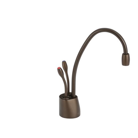 Mocha bronze instant hot and cold faucet with curved spout and dual control handles on cylindrical base.