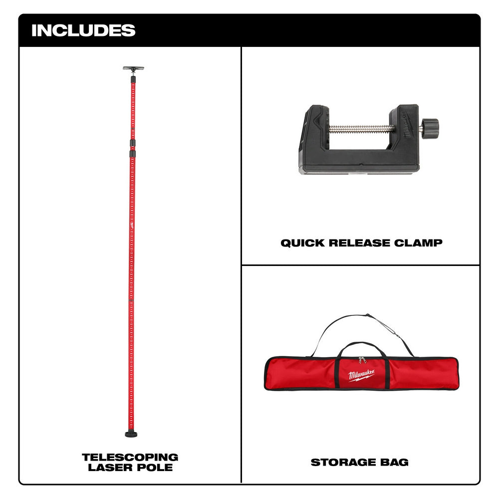Red telescoping laser pole with T-handle top, quick release clamp, and red storage bag shown in included accessories layout.