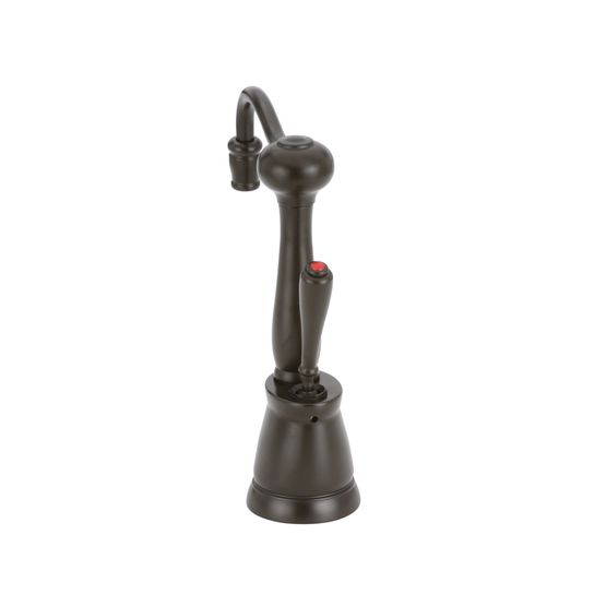 Oil rubbed bronze single-spout hot water faucet with curved neck and spherical handle on base.