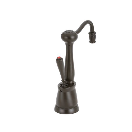 Oil rubbed bronze hot water faucet with curved spout, lever handle, and round base.