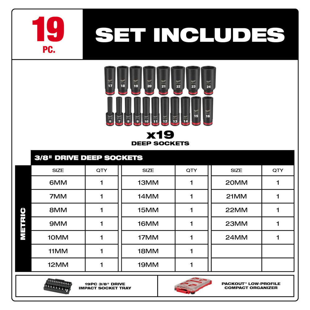 Milwaukee 49-66-6801 19-piece 3/8" drive deep socket set with sizes 6mm to 24mm, includes tray and organizer.