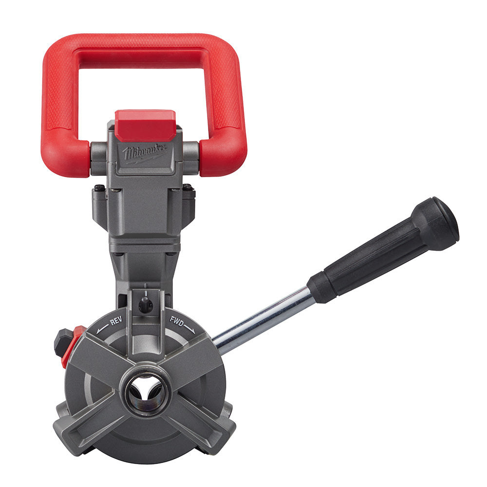 Milwaukee cable drive assembly with red padded handle, gray metal body, and black grip handle for M18 drum machine.