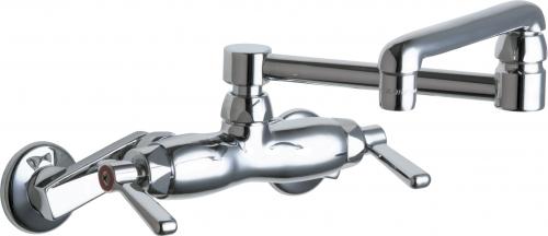 Chrome wall-mounted faucet with double-jointed swing spout and dual lever handles.