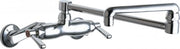 Chrome wall-mounted faucet with double jointed arms and swing spout.
