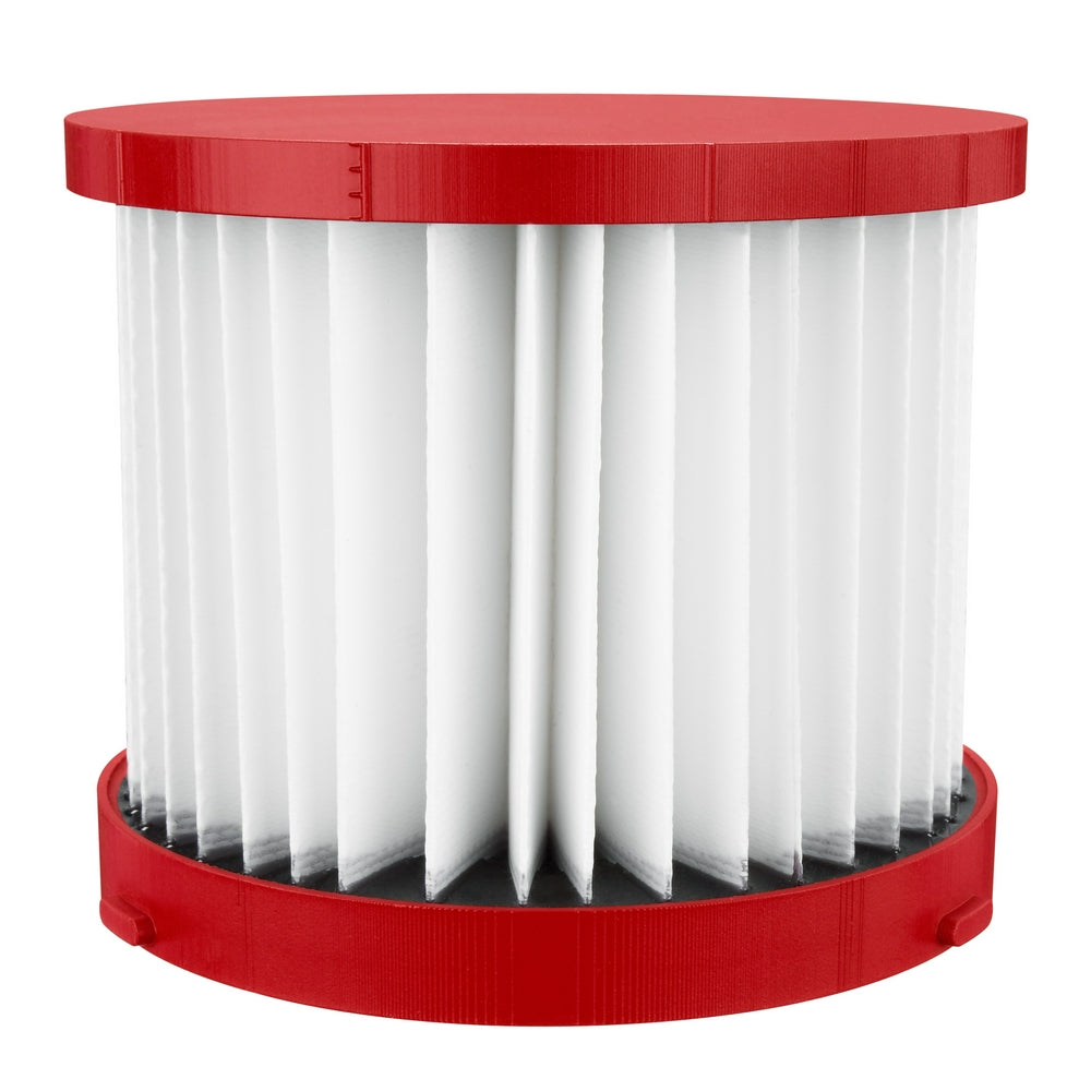 White pleated cylindrical filter with red top and bottom bands.