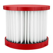 White pleated cylindrical filter with red top and bottom bands.
